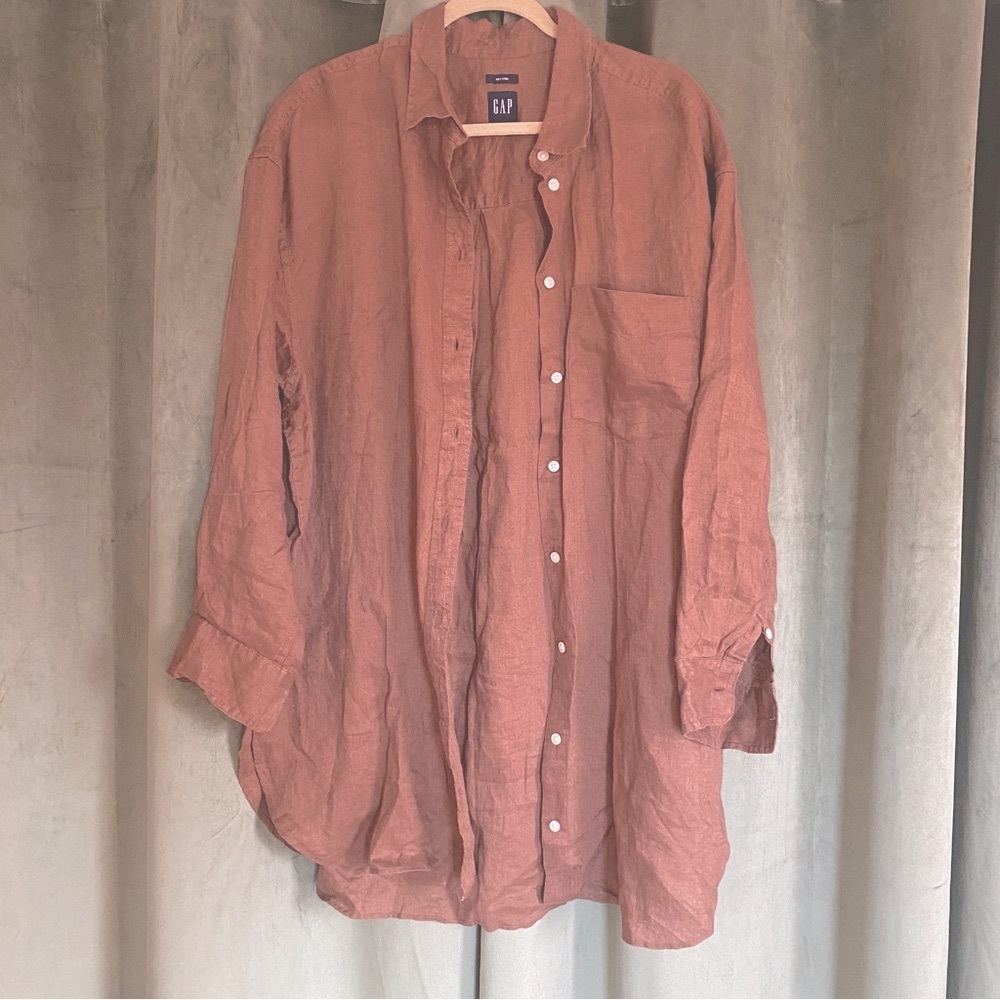 NWOT Gap 100% linen brown button down beach shirt XL